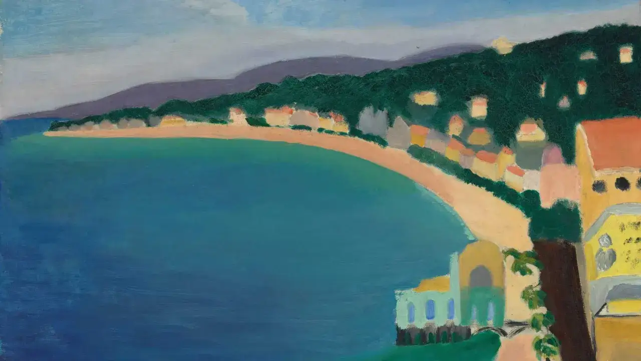 Vue d'une baie aux couleurs vives, avec des maisons color&eacute;es sur la colline. Un bel aplat de couleur exemple de la c&ocirc;te.