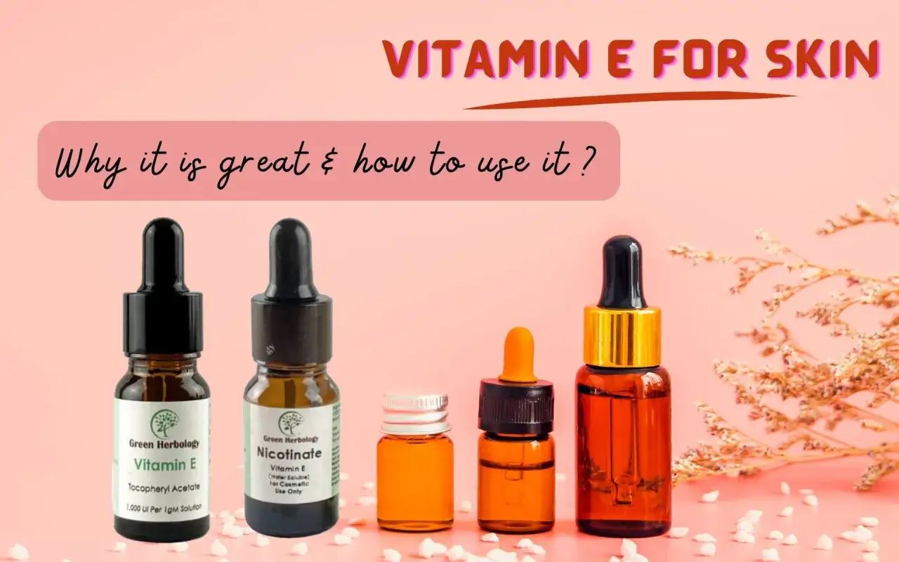 Gotas de vitamina e para la piel, con frascos de diferentes tamaños y un toque de flores secas.