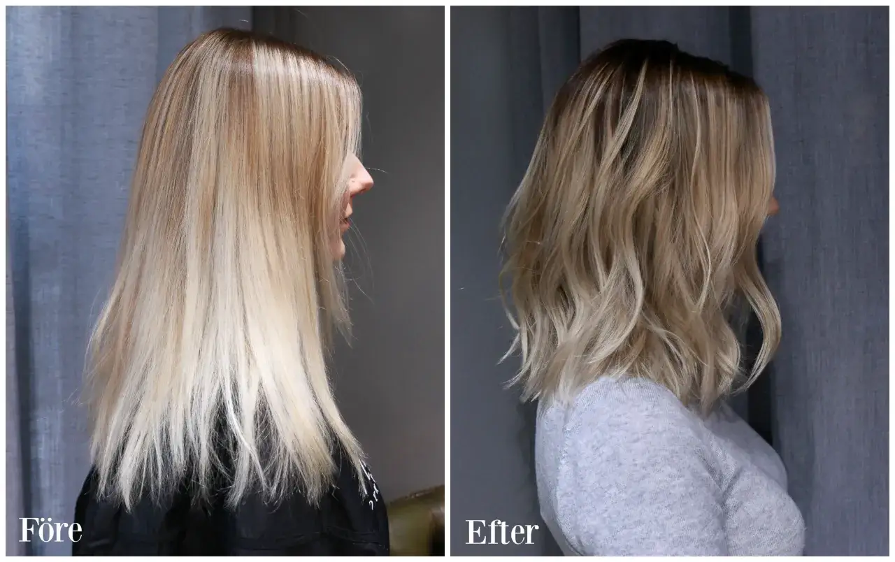 Före: rakt, blekt hår. Efter: en mellanblond toning på blekt hår ger en mjukare, vågig look.