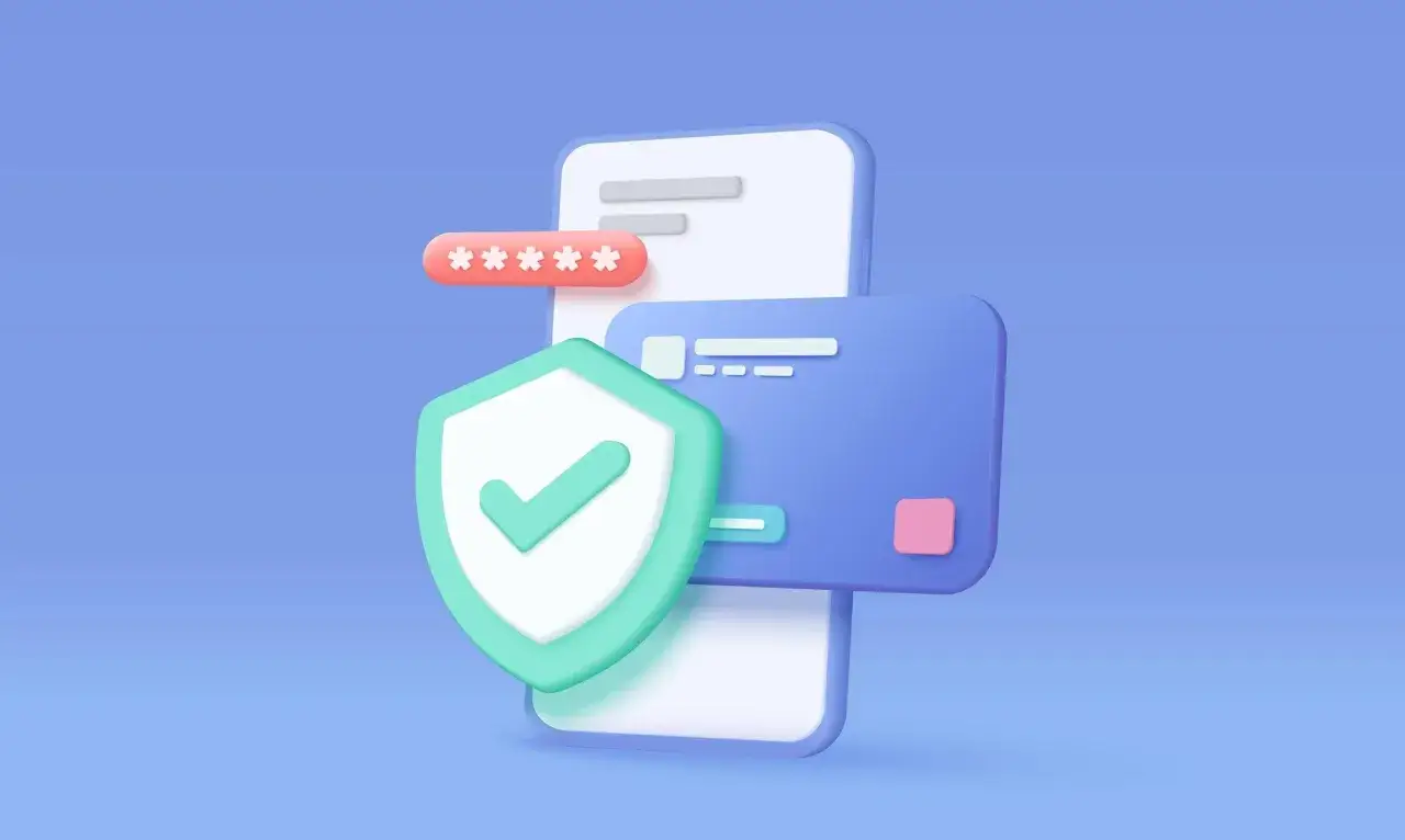 Telefon, karta płatnicza i tarcza z zielonym zaznaczeniem symbolizują bezpieczeństwo transakcji online, czyli 3D Secure.