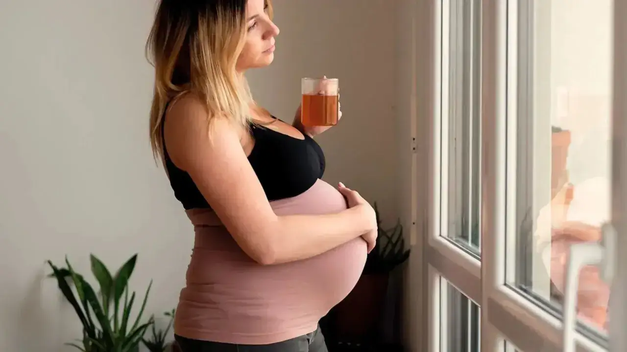 Jeune femme enceinte à 18 ans, tenant un verre, regardant par la fenêtre.