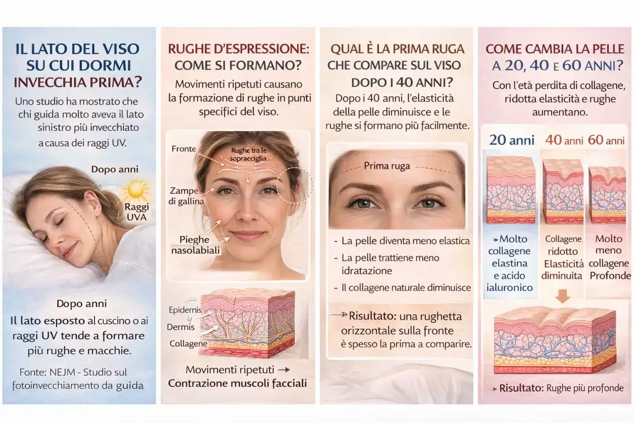 Illustrazione mostra come il sonno e i raggi UV causano rughe. La pelle perde elasticità e collagene con l'età, portando a rughe d'espressione e rughe profonde.