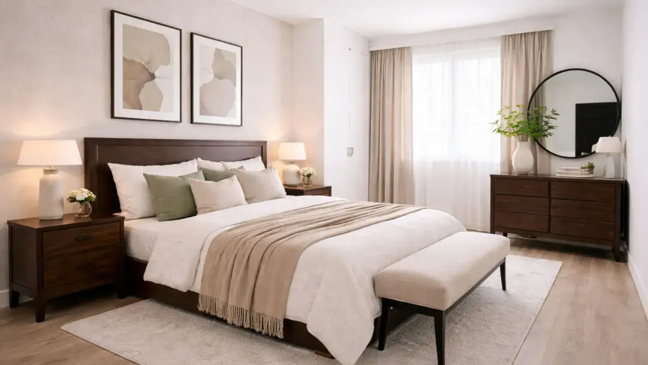 Dormitorio con muebles oscuros. Las paredes, de color blanco roto, contrastan con la calidez de la madera.
