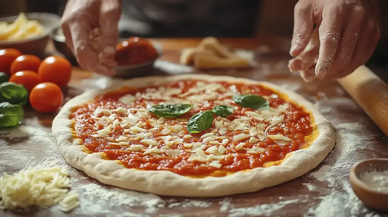 Ręce posypują ser na ciasto drożdżowe do pizzy. W tle pomidory, bazylia i ser.