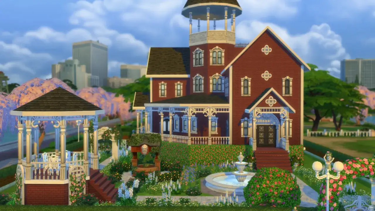 Willa z wieżyczką i altaną, idealna na romantyczne historie i **pomysły na rozgrywkę w The Sims 4**.