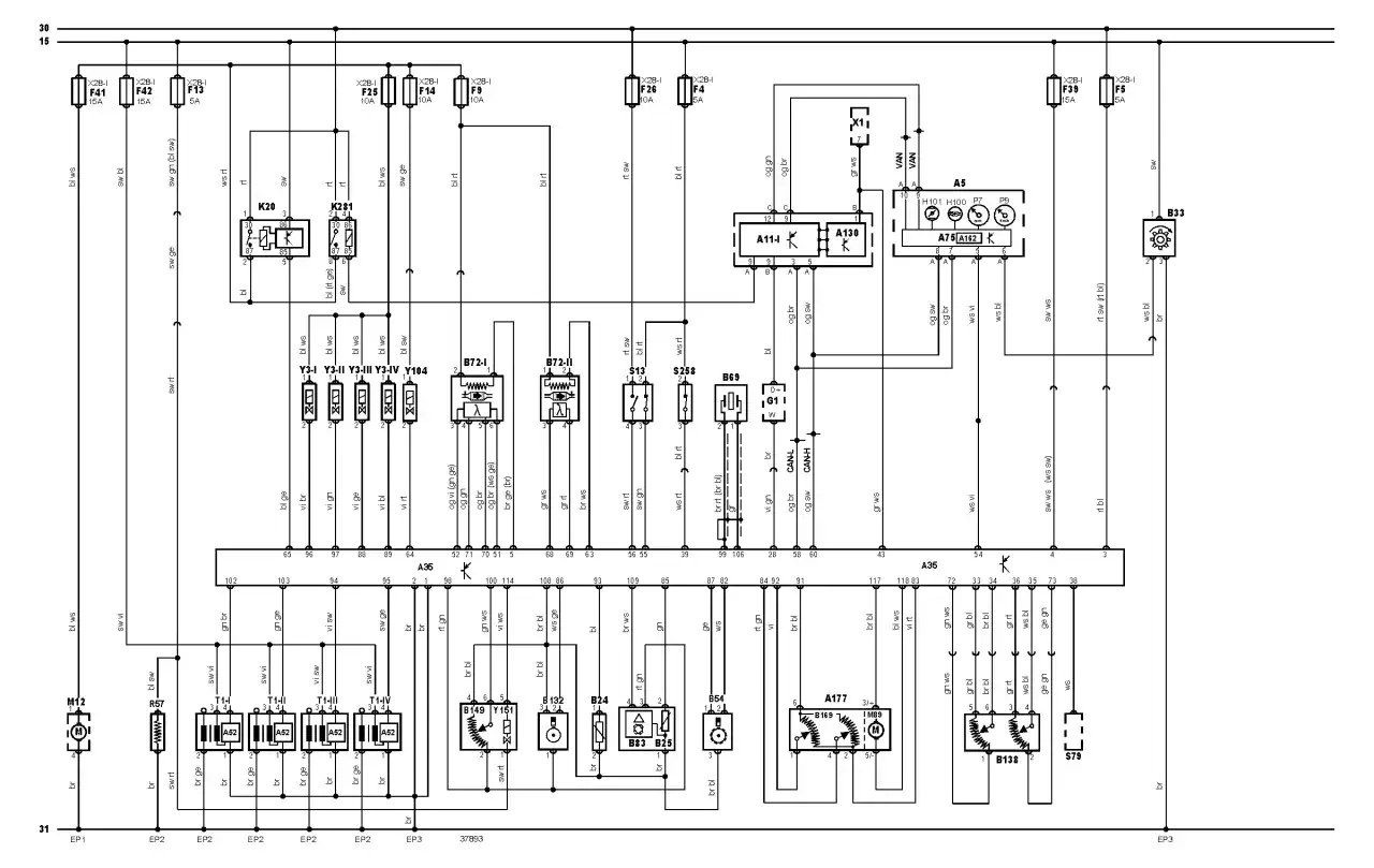 Schemat bezpieczników Seat Ibiza 4. Opis bezpieczników F4, F5, F9, F13, F14, F25, F26, F39, F41, F42.