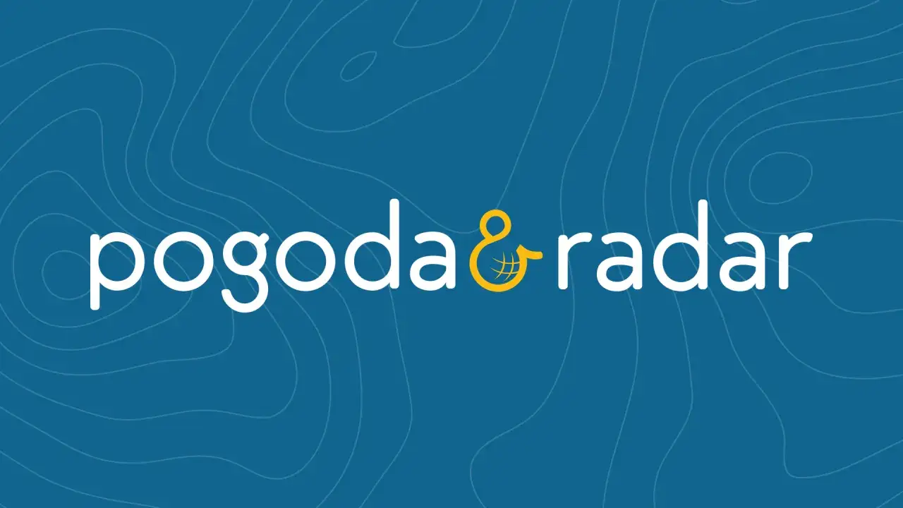 Logo aplikacji pogoda & radar na tle mapy z liniami konturowymi.