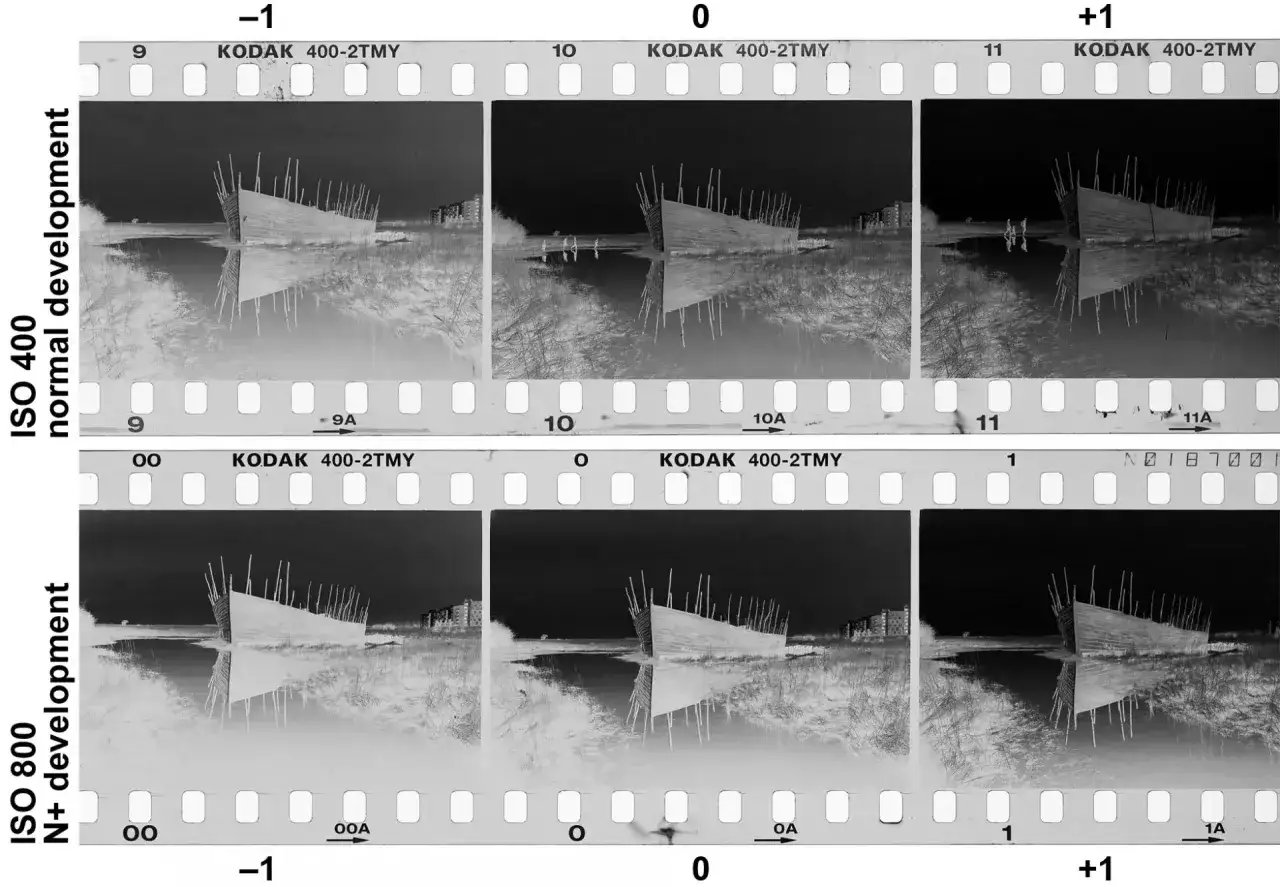 Film strips show a shipwreck at different exposure levels, demonstrating stand development.