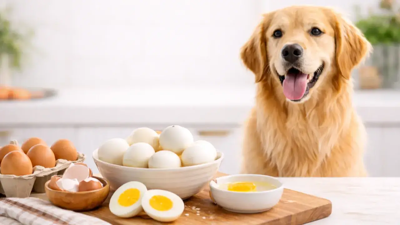 Złoty retriever z zaciekawieniem patrzy na jajka. Czy pies może jeść jajko? Na stole są jajka na twardo, surowe i skorupki.