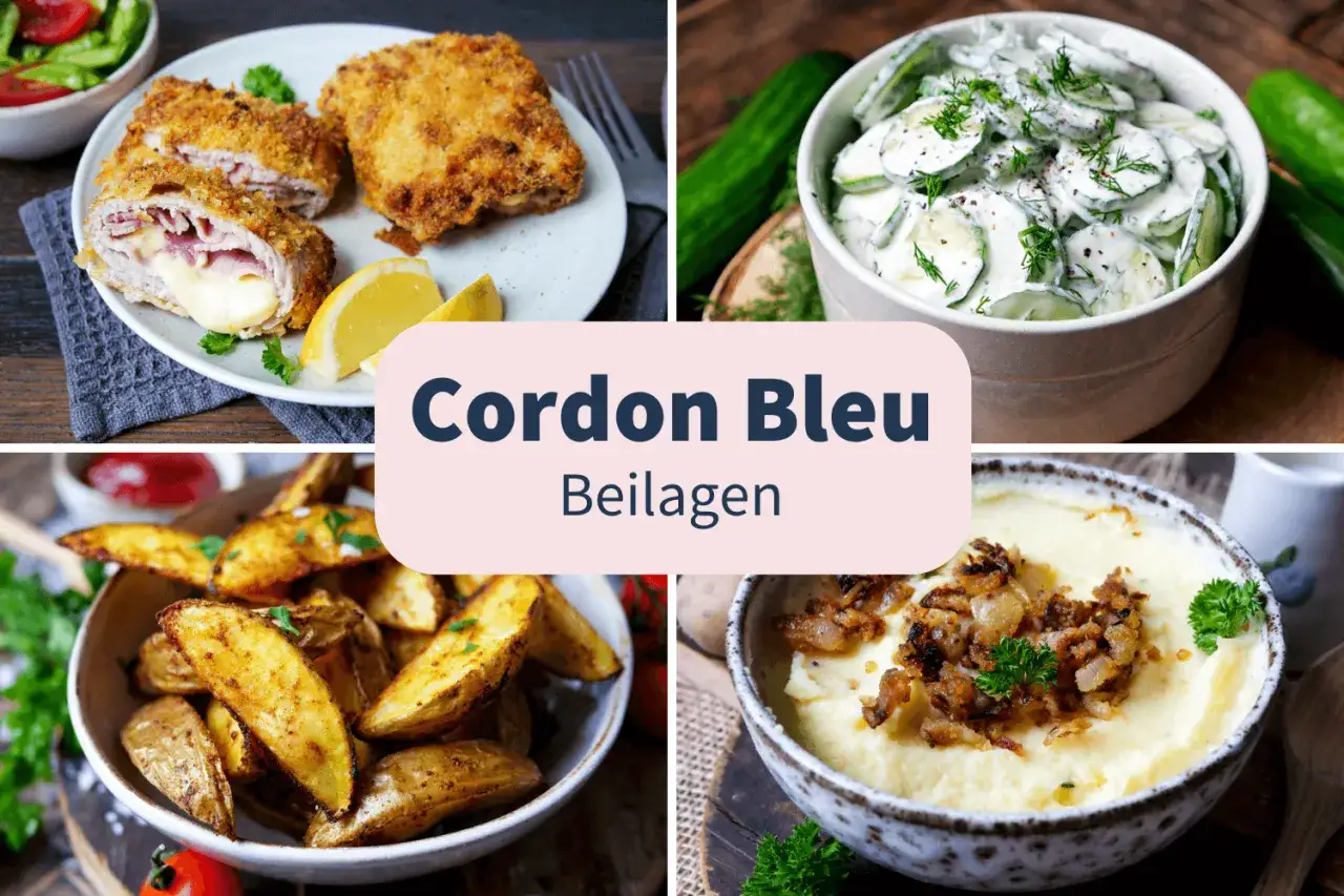 Cordon Bleu mit Kartoffelspalten, Gurkensalat und Kartoffelp&uuml;ree. Perfekte Beilagen f&uuml;r ein k&ouml;stliches Essen.