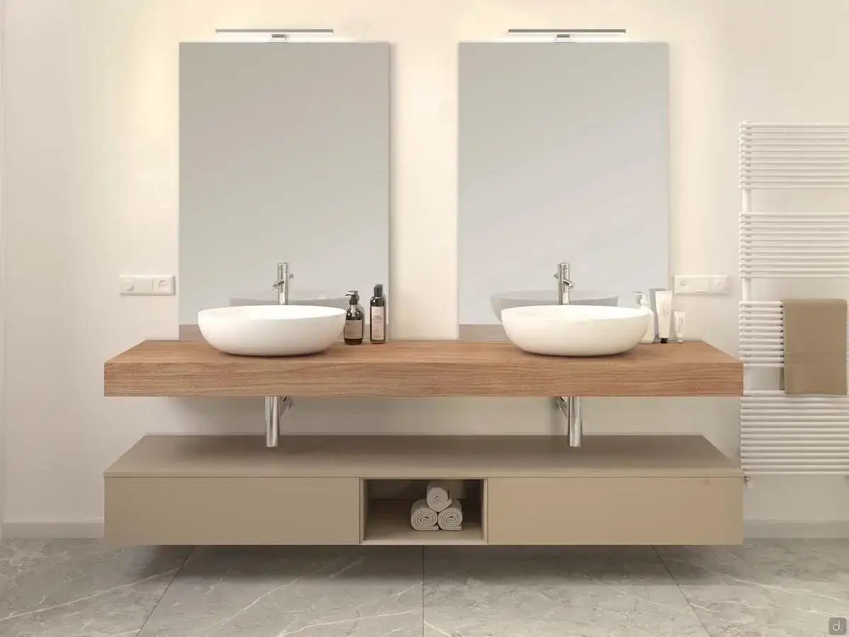 Elegante lavabo bagno su misura con doppio lavandino in appoggio su un piano in legno. Sotto, un mobile contenitore sospeso.