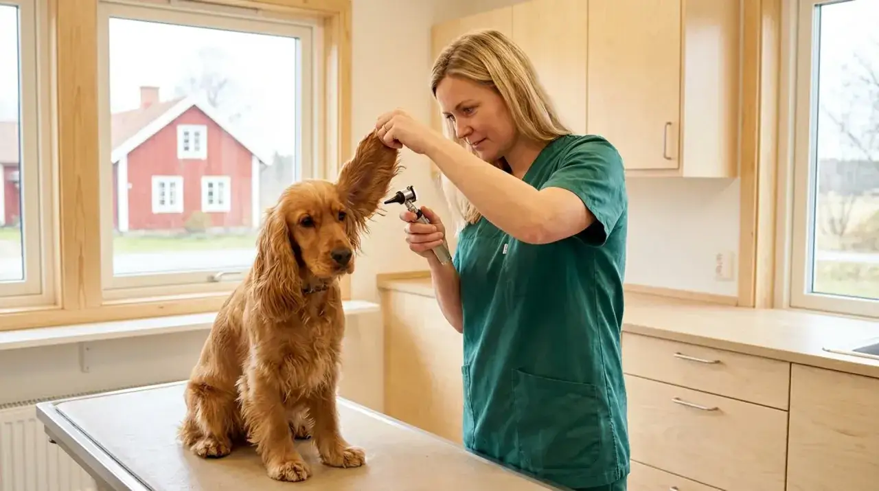 En veterin&auml;r unders&ouml;ker en hunds &ouml;ra. Hunden ser ut att vilja skaka p&aring; huvudet.