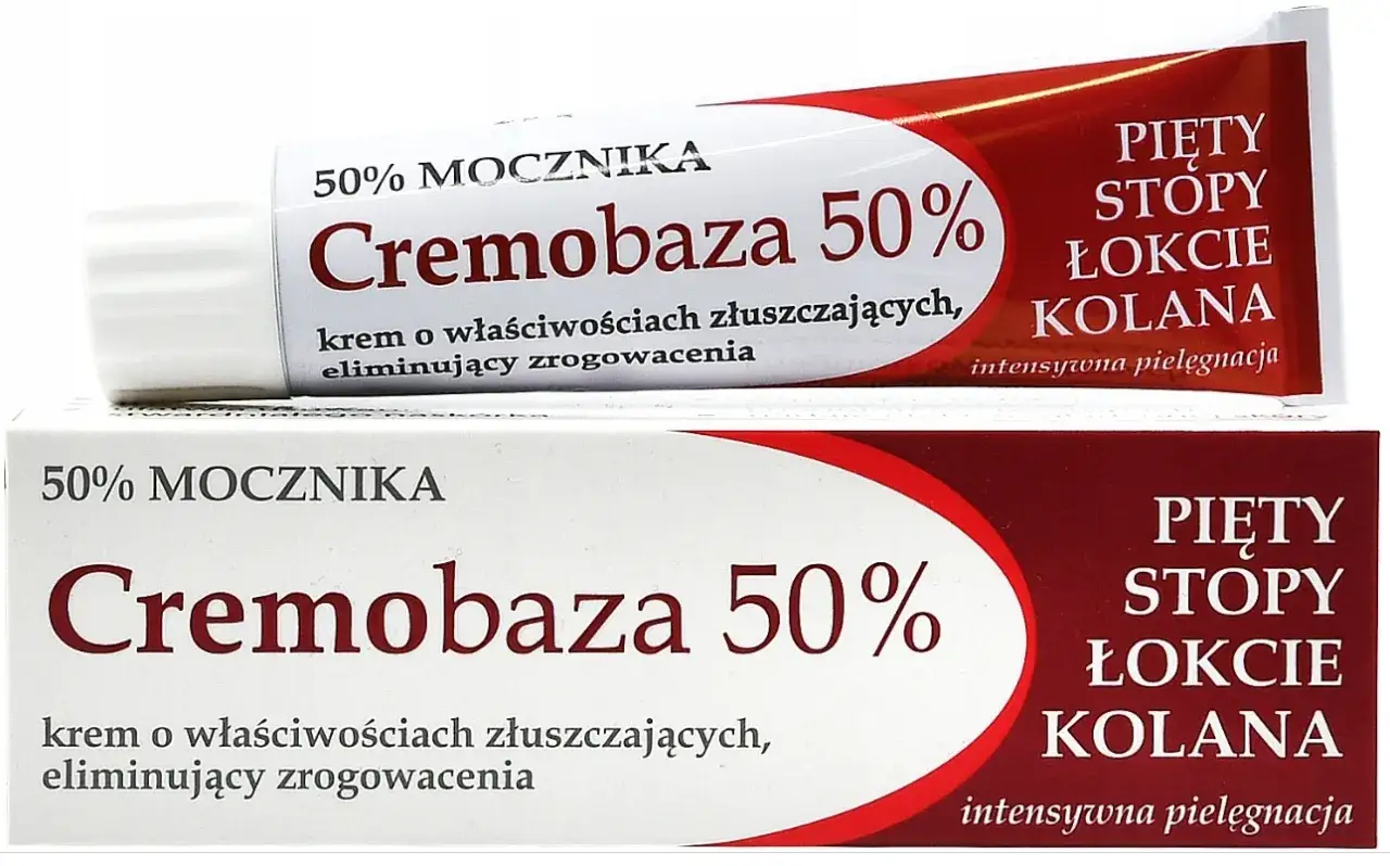 Cremobaza 50% z mocznikiem, krem do pięt, stóp, łokci i kolan. Intensywna pielęgnacja, złuszczanie i eliminacja zrogowaceń. Brak informacji o skutkach ubocznych.