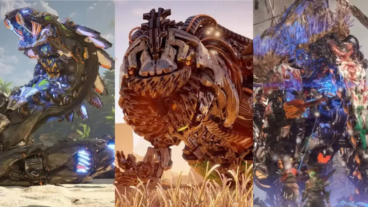 Trzy mechaniczne bestie z Horizon Forbidden West: wąż, niedźwiedź i coś przypominającego kolosa. Poradnik pomoże Ci je pokonać.