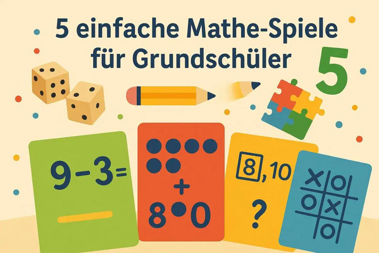 Bunte Karten mit Mathe-Aufgaben f&uuml;r Kinder: W&uuml;rfel, Bleistift, Puzzle und Spiele wie Tic-Tac-Toe.