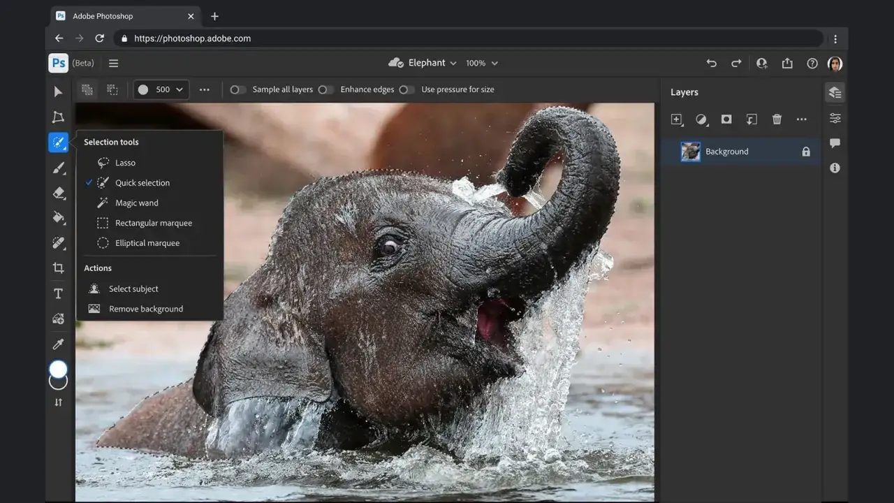 Słoń w wodzie, edytowany w photoshop online. Widoczne narzędzia do zaznaczania, np.