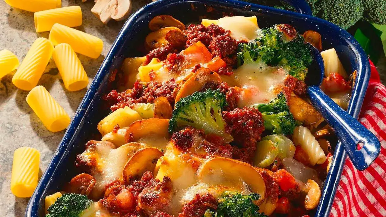 Herzhafter nudelauflauf mit hackfleisch, brokkoli und pilzen, &uuml;berbacken mit k&auml;se.