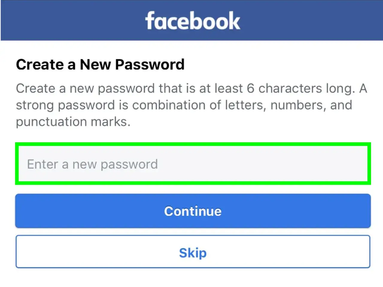 Ekran Facebooka z opcją tworzenia nowego hasła. Pomoc w sytuacji, jak odzyskać hasło do FB, wpisując nowe.