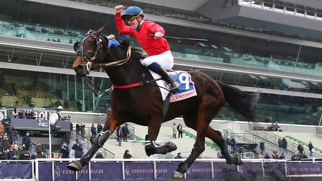Jockey victorieux l&egrave;ve le poing, son cheval au galop lors d'une trotteur course. Le num&eacute;ro 9 est visible sur la selle.