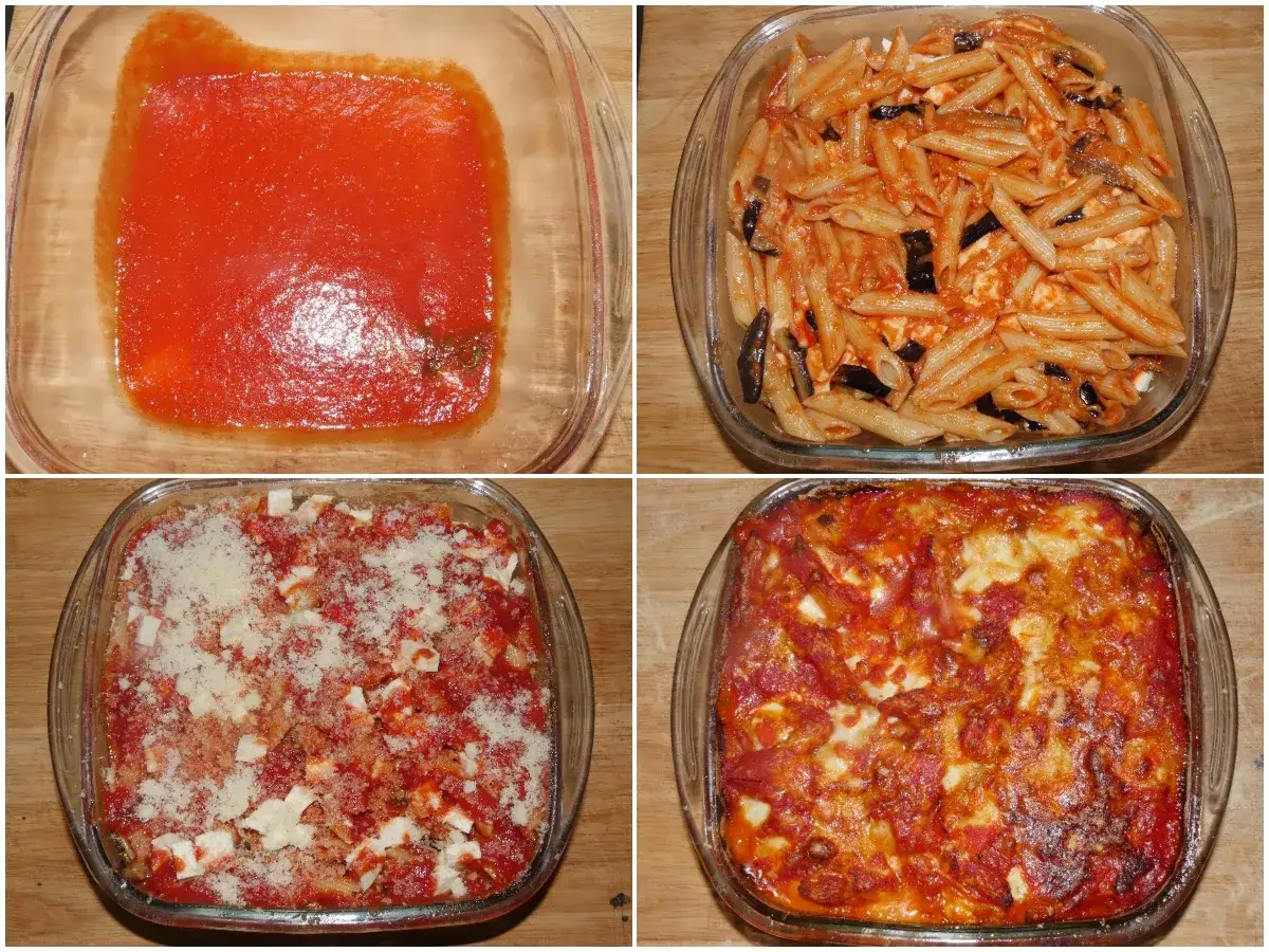 Preparazione della pasta alla siciliana: sugo, pasta con melanzane e formaggio, gratinata e infine sfornata.