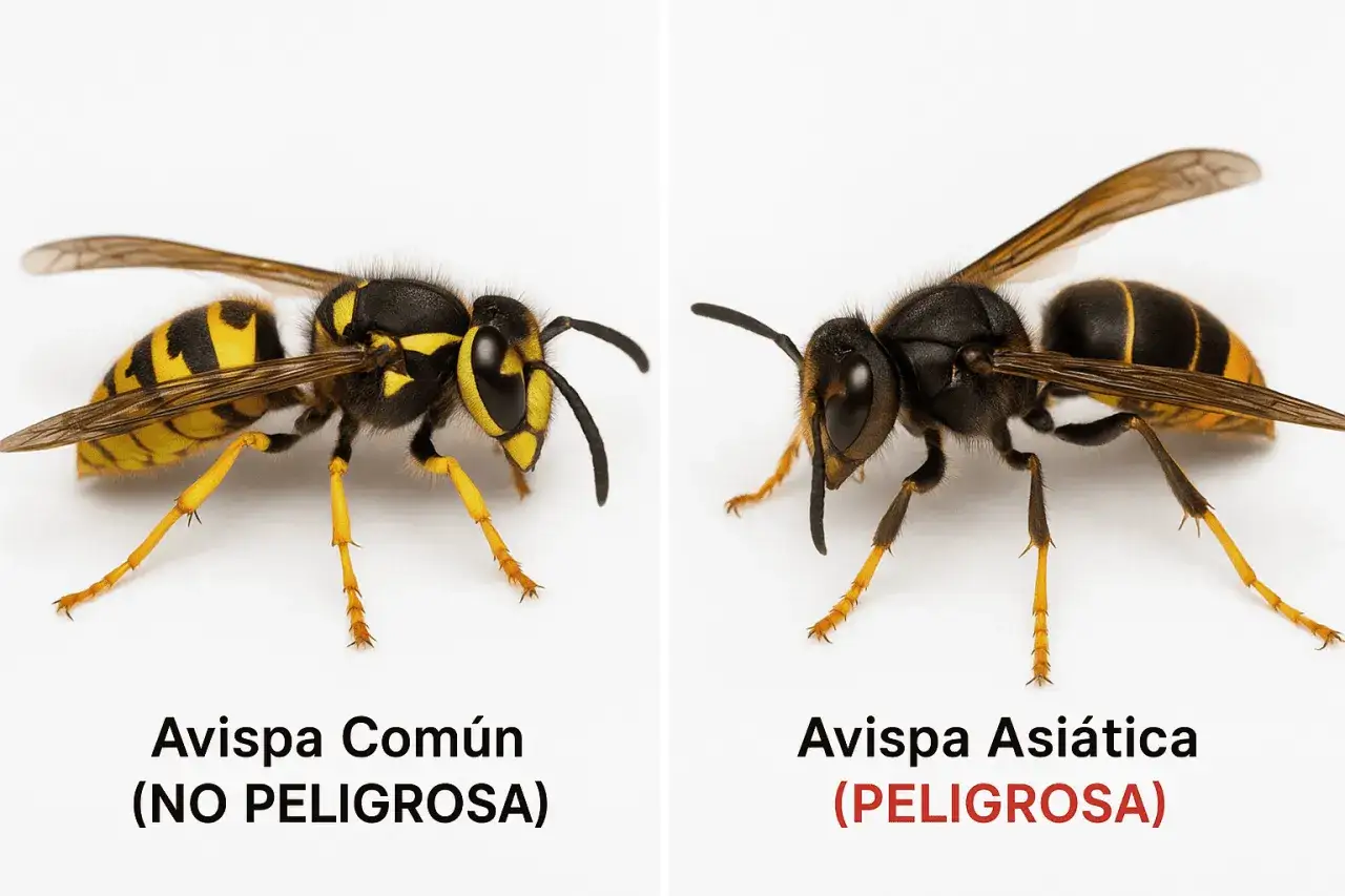 Comparaci&oacute;n visual: avispa com&uacute;n (no peligrosa) vs. avispa asi&aacute;tica (peligrosa). Observa la diferencia entre velutina y avispa.
