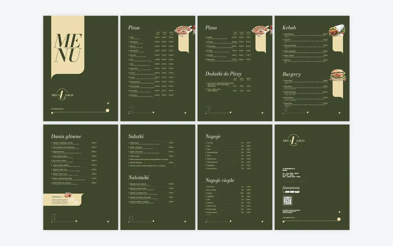 Projekt menu z daniami gł&oacute;wnymi, sałatkami, naleśnikami, pizzą, kebabem, burgerami i napojami.