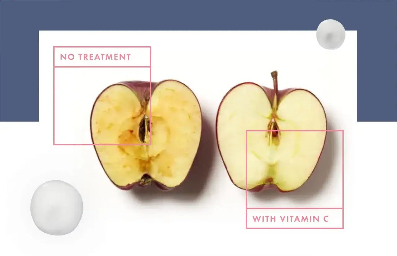 &Auml;pplen &auml;r rika p&aring; vitaminer, s&auml;rskilt C-vitamin, vilket visas i denna j&auml;mf&ouml;relse av ett obehandlat och ett C-vitaminbehandlat &auml;pple.