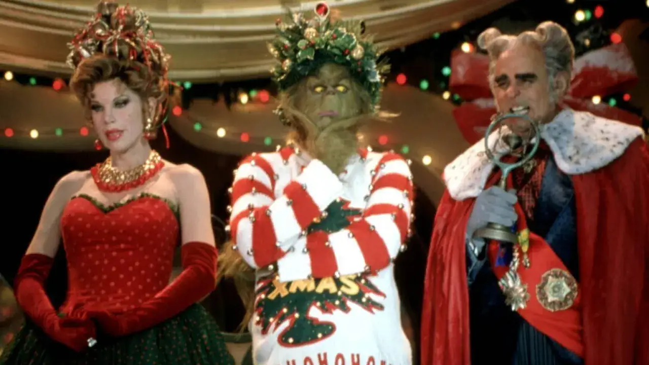 Grinch świąt nie będzie obsada: Cindy Lou Who, Grinch w świątecznym swetrze i burmistrz.