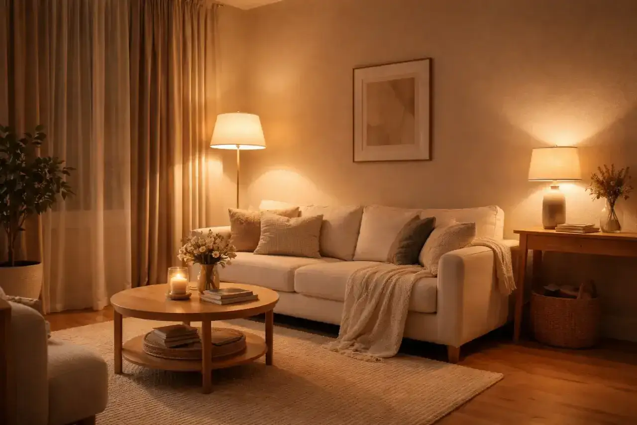 Salon douillet, ambiance chaleureuse. Un canapé blanc invitant, des coussins moelleux, une couverture jetée. Un synonyme de cocooning parfait pour se détendre.