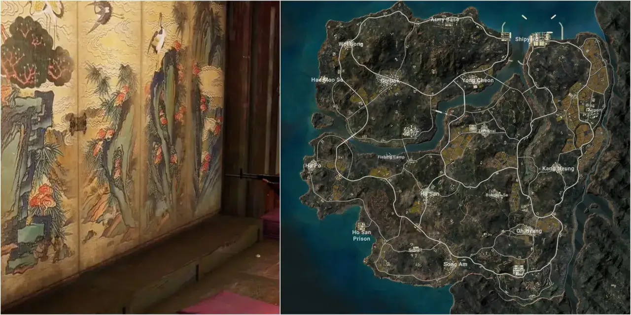 Karta magnetyczna PUBG z widokiem na wyspę Erangel, z tradycyjnym malowidłem ściennym po lewej.