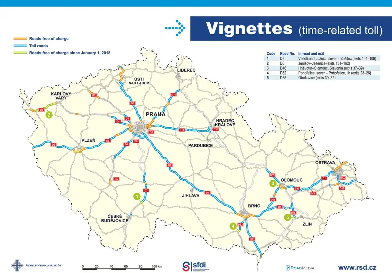 Mapa Czech z zaznaczonymi drogami płatnymi i bezpłatnymi. Planujesz podr&oacute;ż **samochodem do Czech**? Sprawdź, gdzie możesz jechać bez winiety.