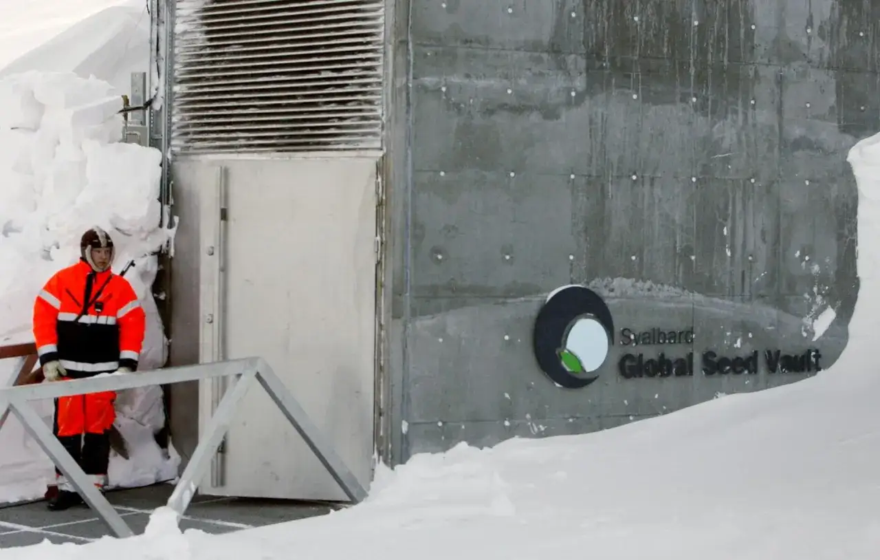 Un gardien en tenue orange vif se tient devant l'entrée de la **réserve mondiale de semences du Svalbard**, un bunker de béton enfoui dans la neige.