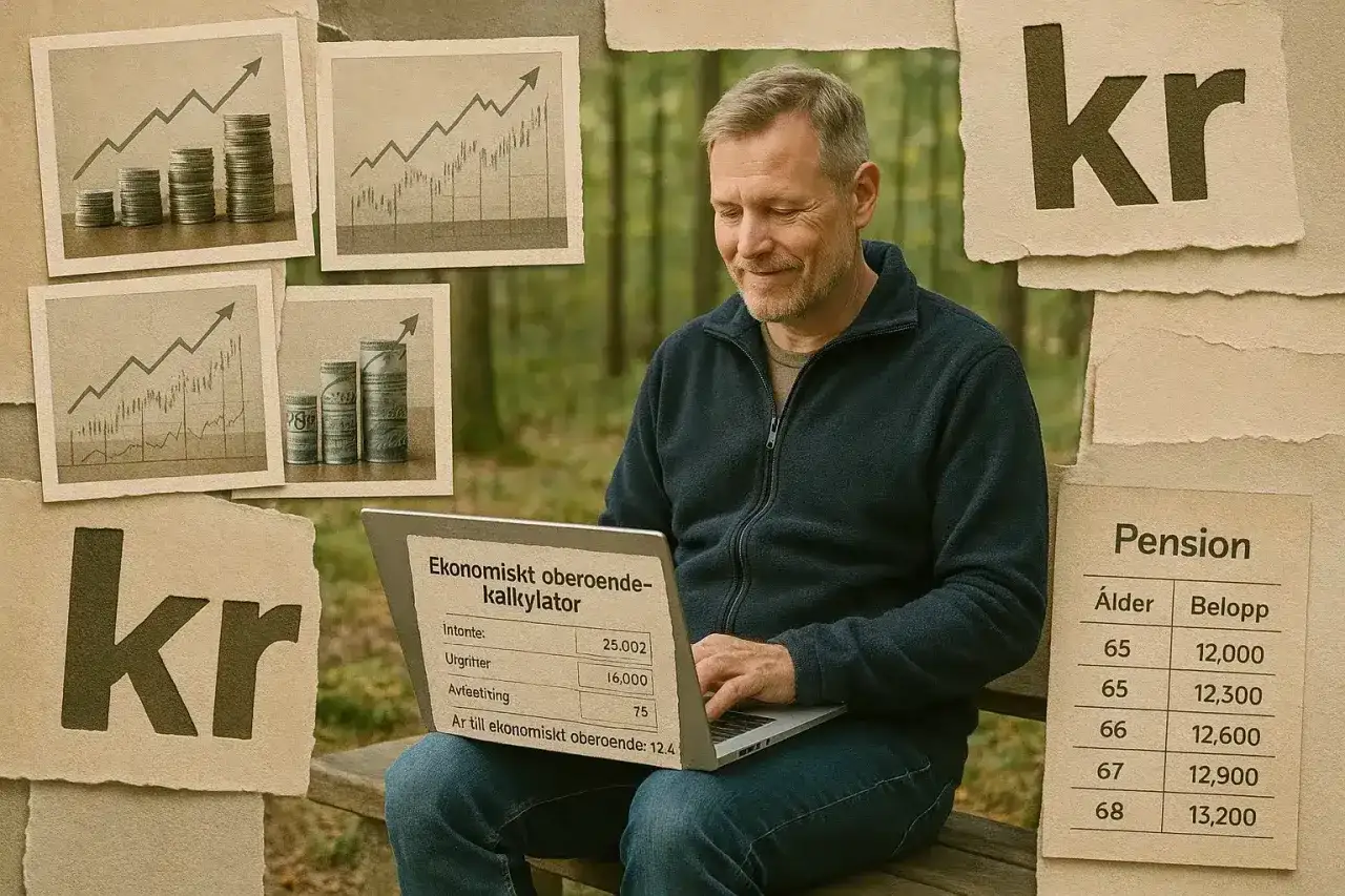 Man planerar f&ouml;r ekonomiskt oberoende vid 55 med en kalkylator p&aring; en laptop. Grafiska illustrationer av stigande kurvor och staplar av mynt f&ouml;rst&auml;rker budskapet.