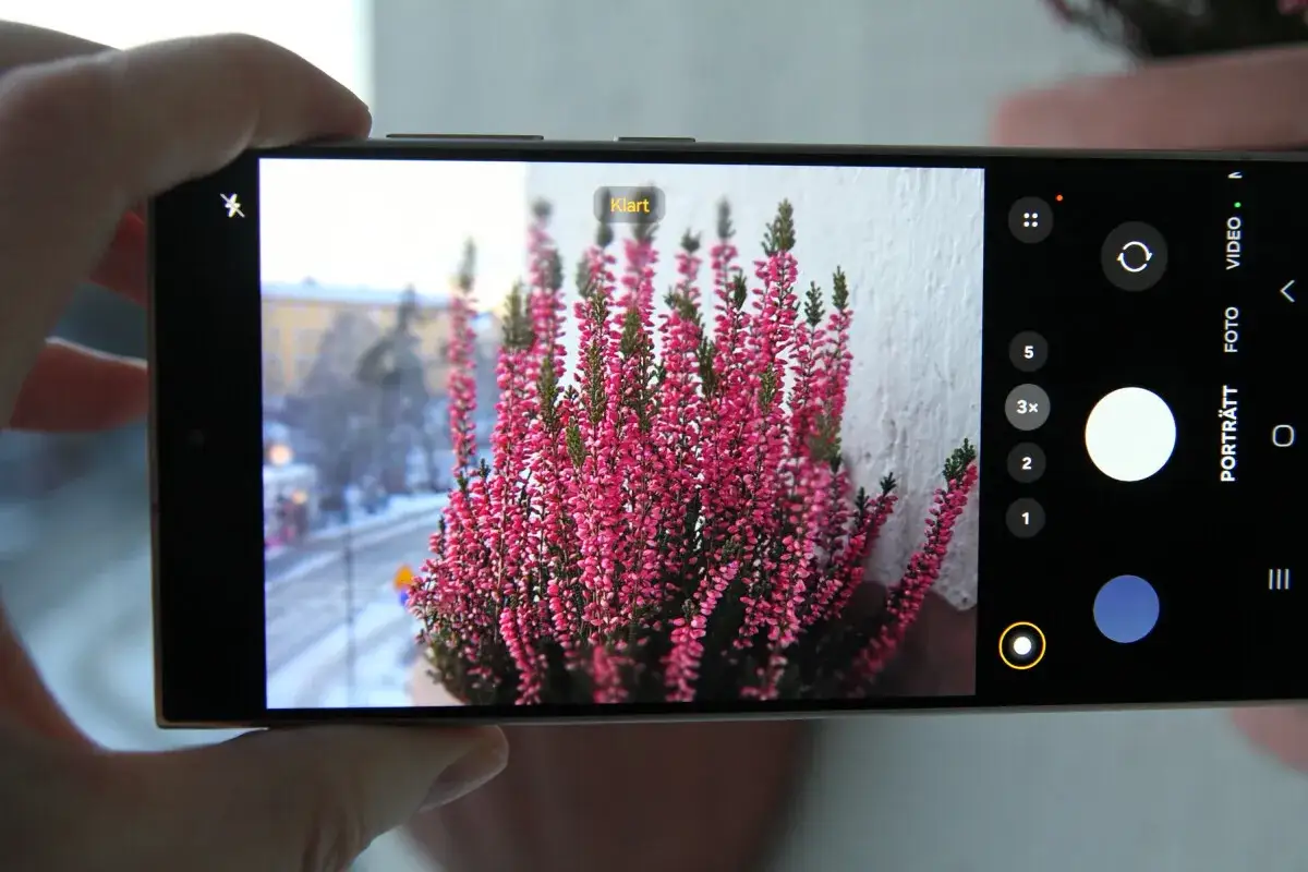 Samsung S22 test: en mobil som f&aring;ngar detaljer i en blomkruka med rosa ljung.
