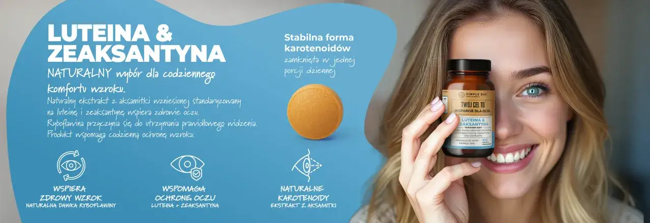 Uśmiechnięta kobieta trzyma suplement diety z luteiną i zeaksantyną, wspierający zdrowie oczu.
