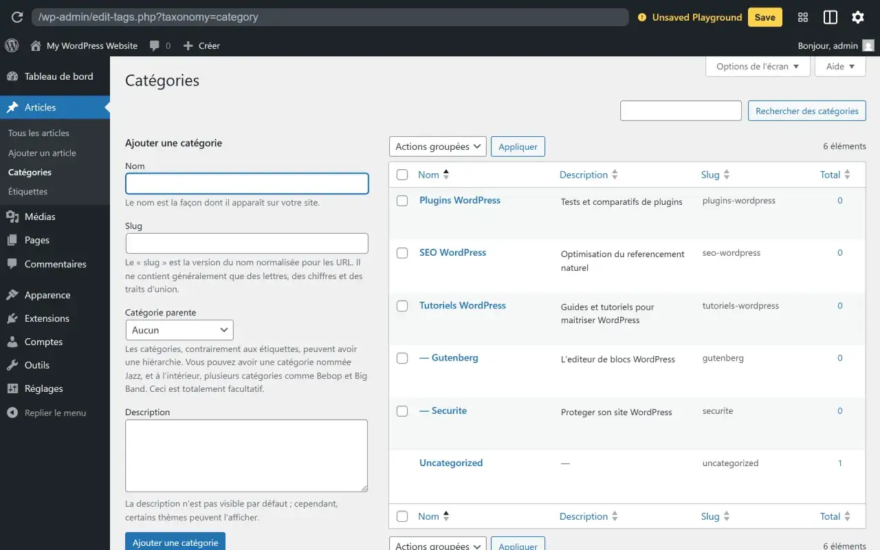 Interface WordPress pour g&eacute;rer les cat&eacute;gories d'articles. Un rapport SEO pro peut &ecirc;tre optimis&eacute; via ces cat&eacute;gories.