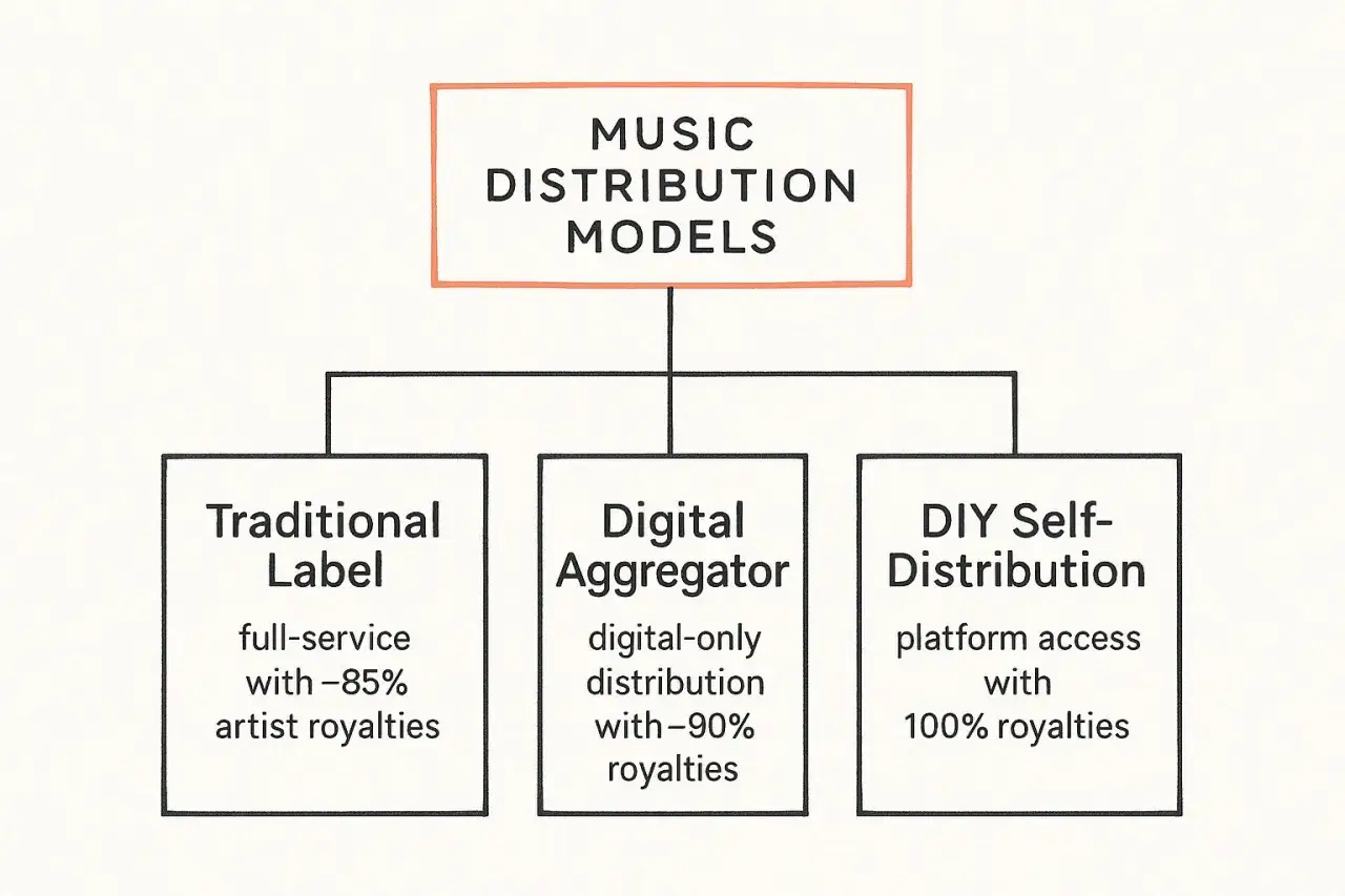 Flowchart showing music distribution models: Traditional Label, Digital Aggregator, and DIY Self-Distribution. Learn how to get music on Spotify via these options.