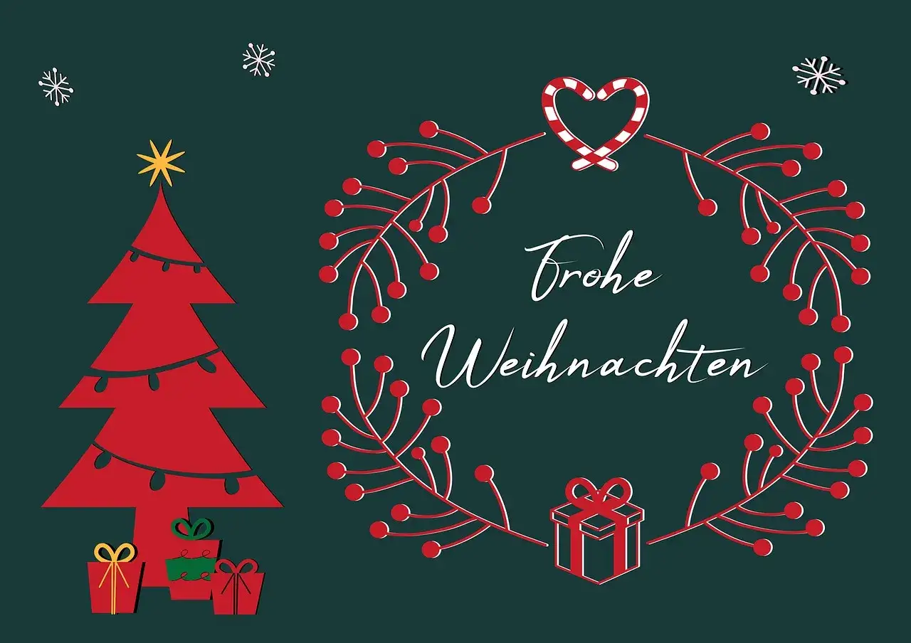 Wesołych Świąt! Kartka z choinką, prezentami i wiankiem z sercem z cukierk&oacute;w. Piękne życzenia na Boże Narodzenie po niemiecku.