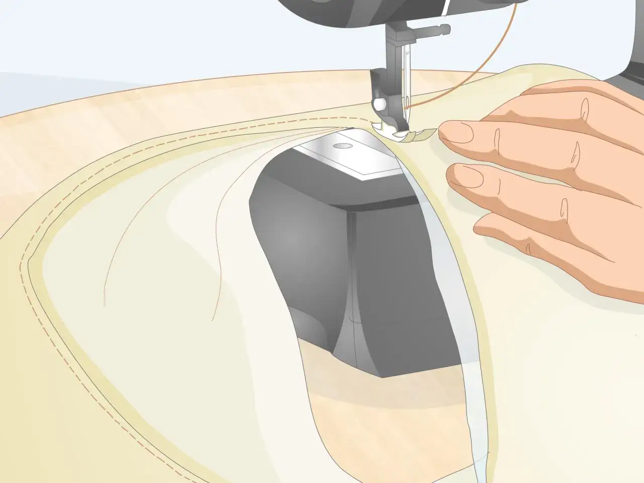 A hand guides fabric under a sewing machine needle, creating a neat stitch along the curved neckline of a light yellow garment.