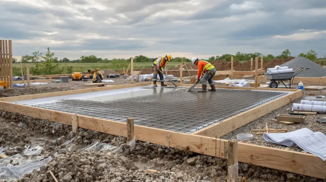 Deux ouvriers s'affairent à faire une dalle béton sur un chantier. Le sol est préparé, le treillis métallique est posé, prêt à recevoir le béton.