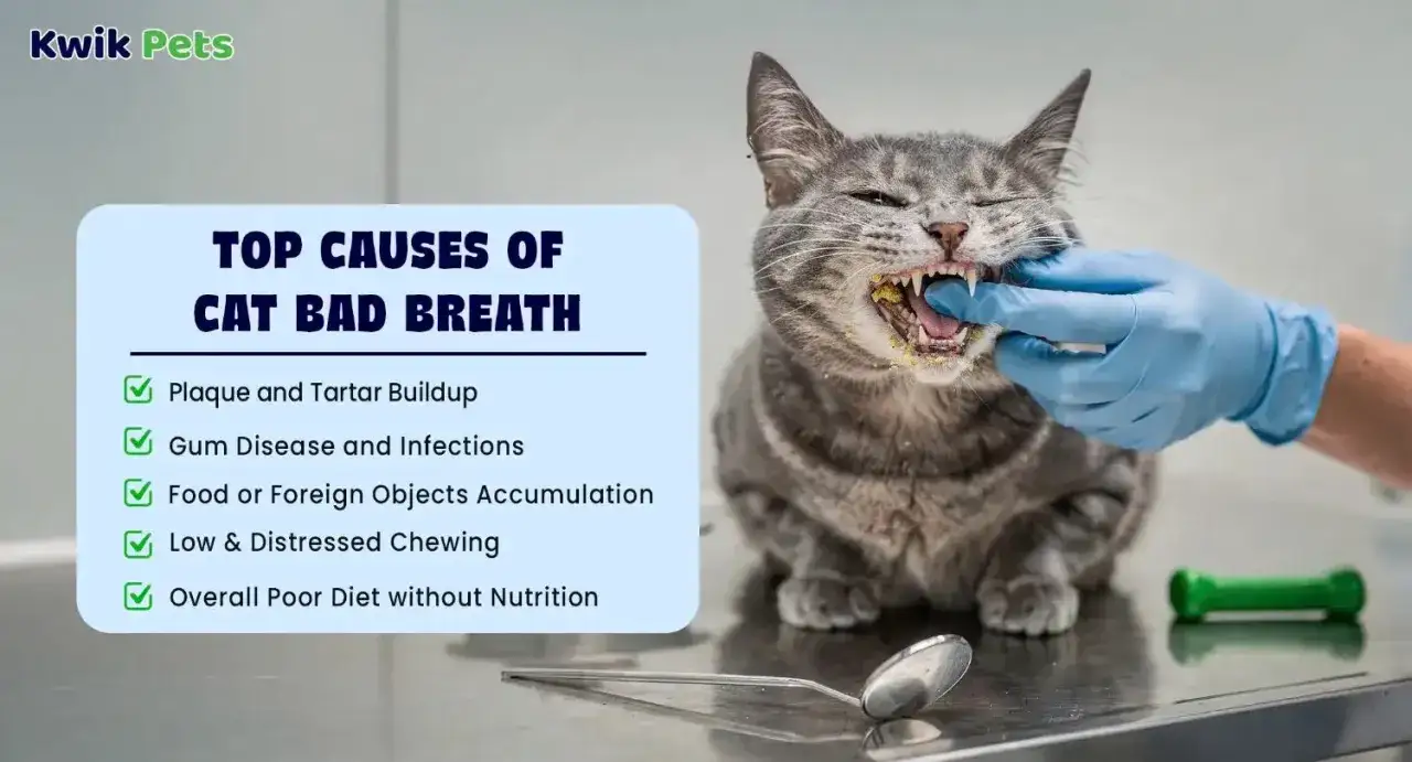 Un chat gris aux yeux fermés, une main gantée examine sa bouche, révélant des dents jaunies et une mauvaise haleine. Les causes sont listées : tartre, infections, etc.