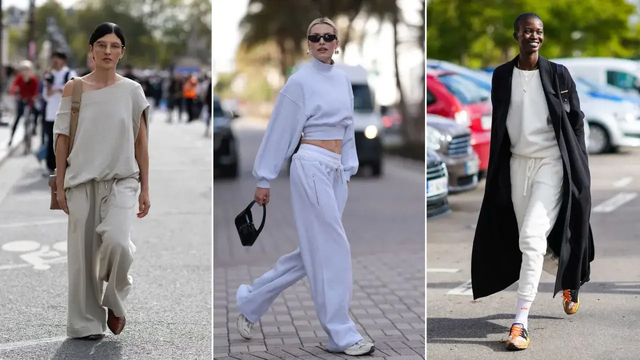 Eleganckie dresy stylizacje: trzy kobiety prezentują modne zestawy w odcieniach beżu, szarości i bieli, łącząc komfort z szykiem.