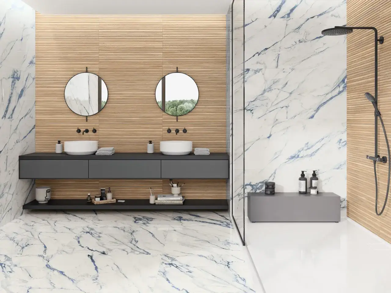 Modern bathroom with marble tiles, wood accents, double vanity, and walk-in shower. Ideal for those wondering cuanto cuesta cambiar bañera por plato de ducha.