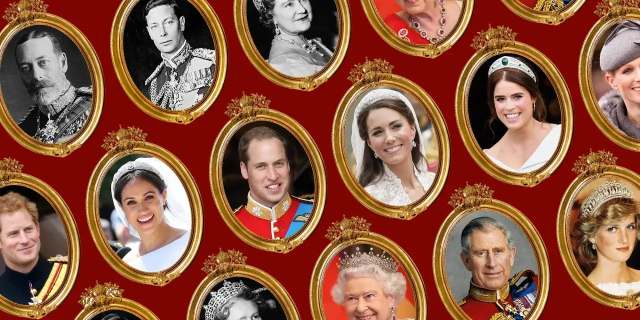 Portr&auml;tt av brittiska kungahuset medlemmar i guldramar: drottning Elizabeth II, prins Charles, prins William, Kate Middleton, prins Harry, Meghan Markle, prinsessan Eugenie, prinsessan Diana och &auml;ldre kungligheter.