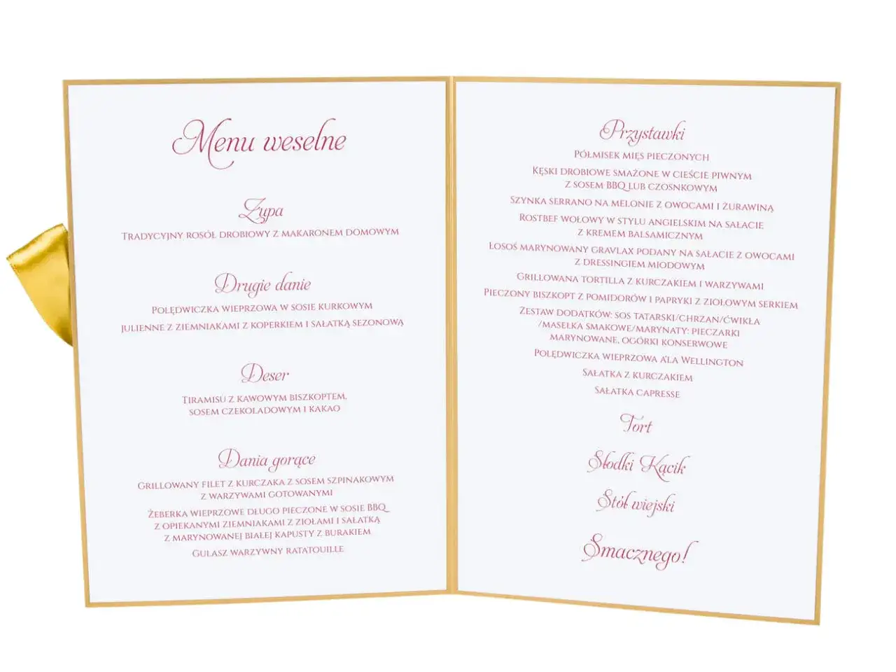 Eleganckie menu na wesele: zupa, drugie danie, deser, dania gorące, przystawki, tort, słodki kącik i st&oacute;ł wiejski.