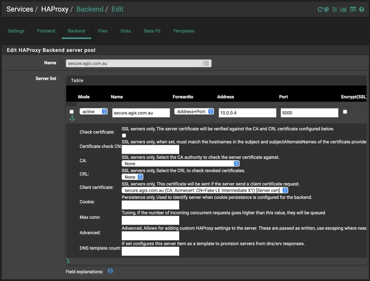 Konfiguration eines Backend-Servers f&uuml;r **pfSense HAProxy**. Hier wird ein Server mit der Adresse 10.0.0.4 und Port 5000 hinzugef&uuml;gt.