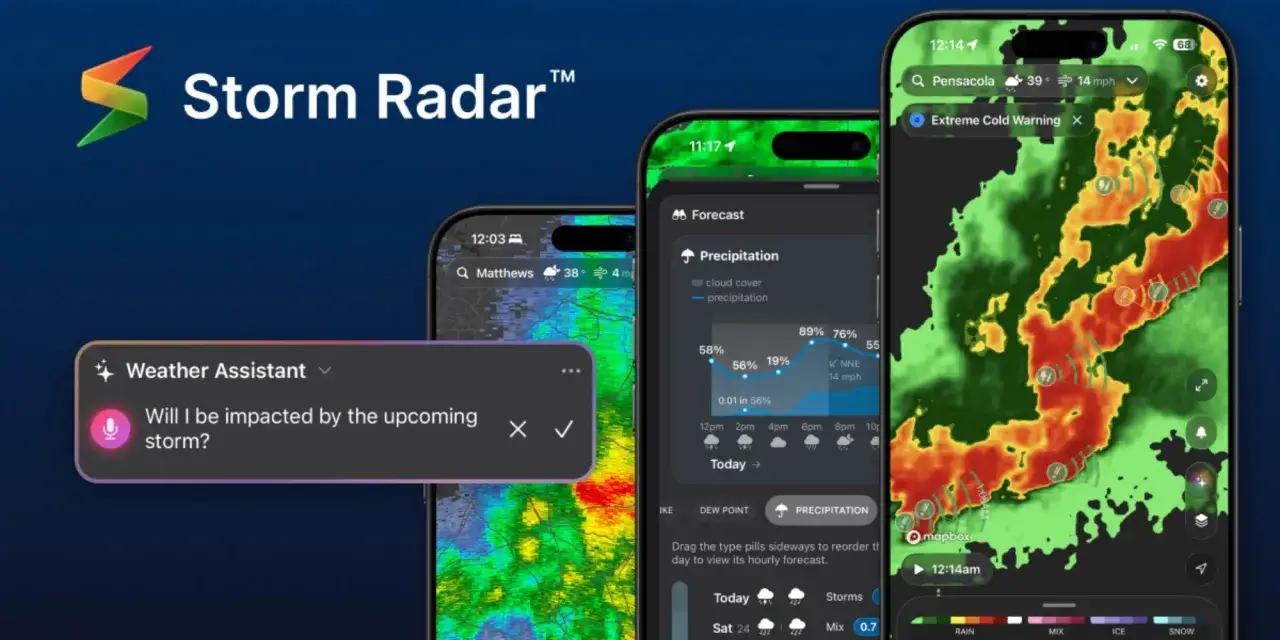 Aplikacja Storm Radar na telefonie pokazuje prognozę pogody, ostrzeżenia i mapy burz. To najlepsza pogoda na telefon, by śledzić nadchodzące zjawiska.
