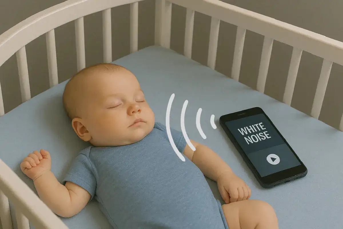 Bambino dorme nella culla, con un telefono che riproduce rumore bianco per favorire il sonno.