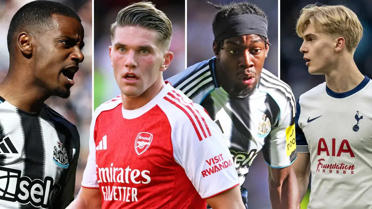 Fyra fotbollsspelare i Premier League: en i Newcastle-tröja, en i Arsenal-tröja, en i Newcastle-tröja med pannband och en i Tottenham-tröja.
