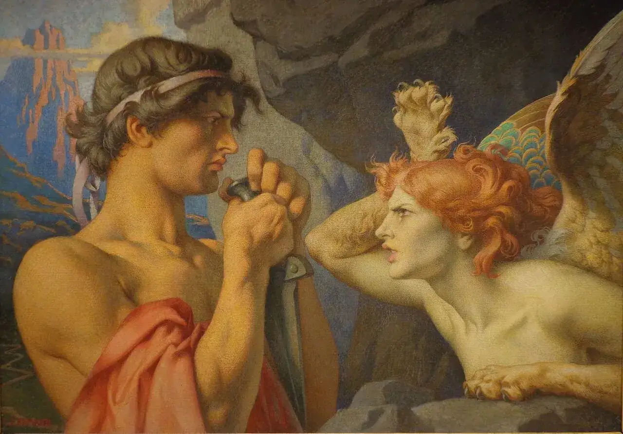 Oedyp i Sfinks w scenie z mitu o rodzie Labdakidów, inspirowanej mitologią Parandowskiego.